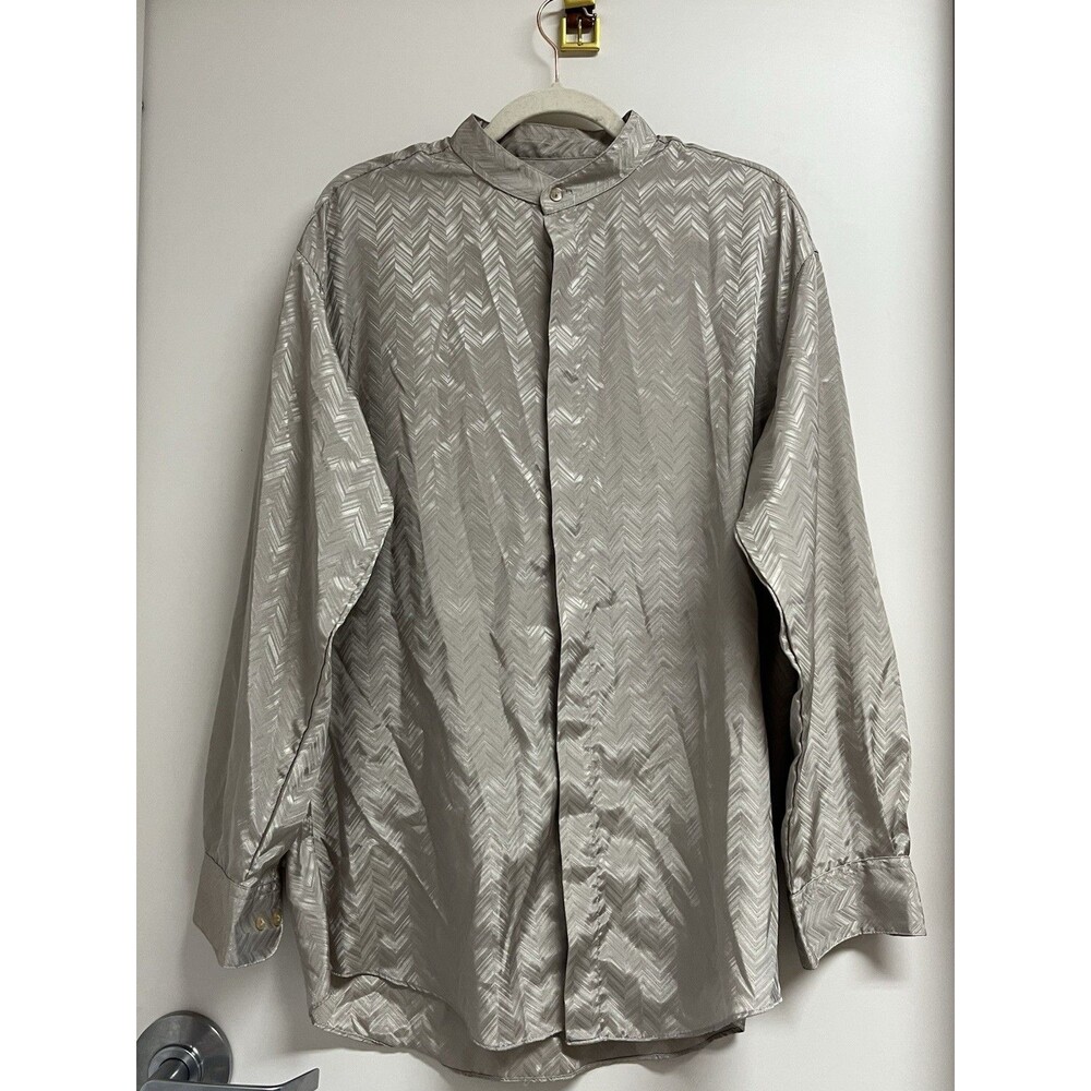 Vintage City Streets Mock Collar Button Up Shirt Silver Herringbon Men's Size M